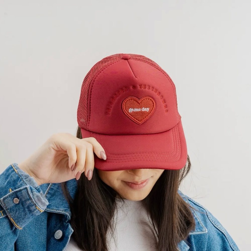 NWT Burgundy Tailgates & Touchdowns Game Day Trucker Hat with Heart Patch